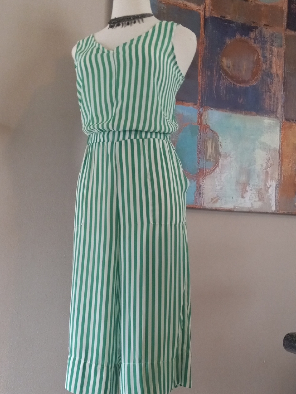 Tiana B. Wide Leg Green and White Vertical Stripe Sleeveless Jumpsuit Romper - Picture 7 of 16